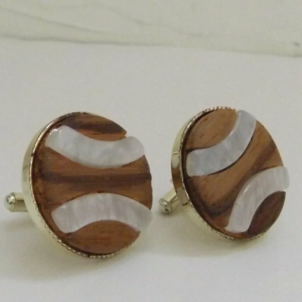 Vintage Brown White Wood with Resin Statement Basketball Cufflinks